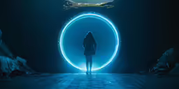 the woman stands in the blue light of a circular opening with mountains above it