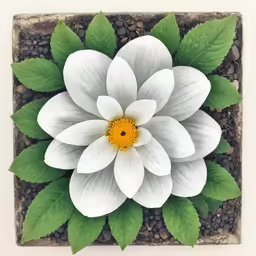 white flowers and green leaves in the middle of a square box