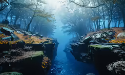 there is a narrow stream through the woods