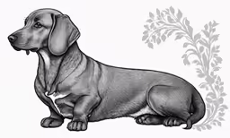 a drawing of a dog, sitting next to some leaves