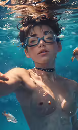 a young woman wearing glasses under water