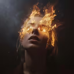 a woman with fire around her eyes