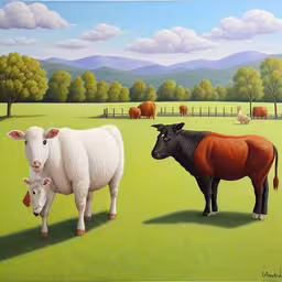 a painting shows two cows in a field,two cows standing in a field by a fence
