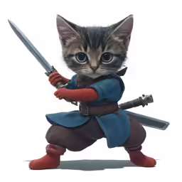 a kitten in an outfit is holding a sword