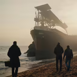 people walking on a beach in front of an old ship