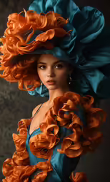 a woman dressed in an orange and teal gown is wearing a hat