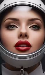 a woman in a helmet and wearing red lipstick