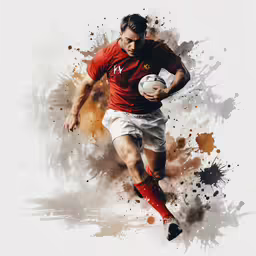 the man is kicking a soccer ball while wearing red