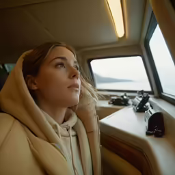 a woman sitting on a bus wearing a hoodie