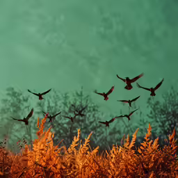 there are five birds flying in the air together