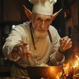 a man cooking a bowl of food in front of an open fire