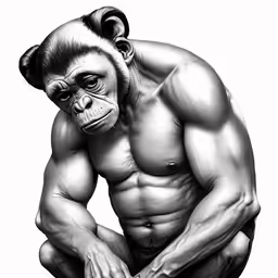 a gorilla is posing for a photo in black and white