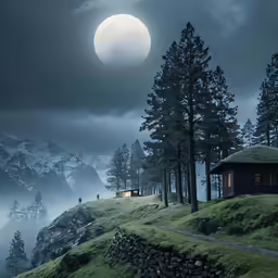 the house is on the hill at night with full moon