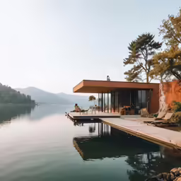 a boat dock sits on the lake side as people look out at it