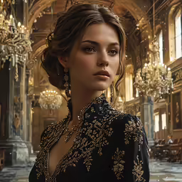 the woman is wearing a black dress in a large room