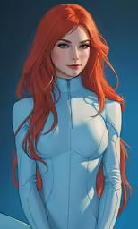 red - haired woman in a blue body suit with long hair