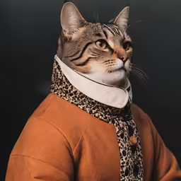 there is a small cat wearing a scarf around its neck