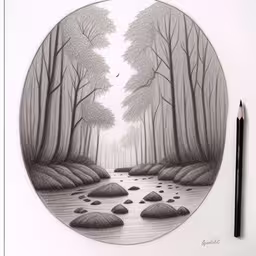 a pencil drawing of a forest and stream