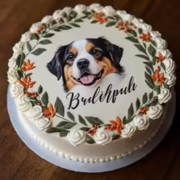 a dog that is sitting in front of a cake