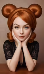 the redheaded woman with long hair is sitting in front of a table