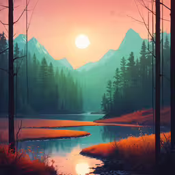 a painting of a sunset with mountains and river,an image of the sunset on the lake