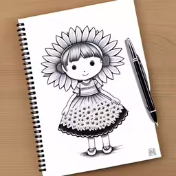 a book with a picture of a girl on it,a notebook with the cover pulled down showing a picture of a girl wearing a sunflower dress