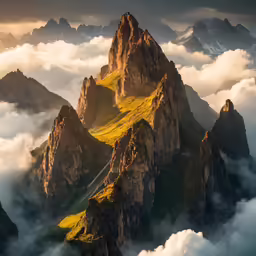 a beautiful aerial view of a mountain peak surrounded by clouds