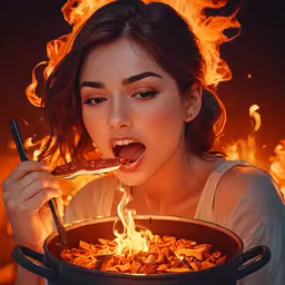 an illustration of a girl using tongs to eat food,a beautiful woman biting into a frying pan with fire
