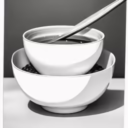 the bowl and spoon are on the white table