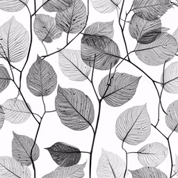 a black and white pattern with grey leaves