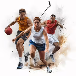 a drawing of four athletes playing basketball
