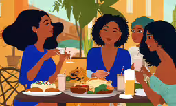 three women are sharing food while sitting at a table,the three women are having lunch together in a restaurant