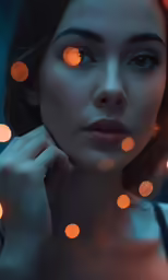 an attractive lady with blue eyes and orange glowing lights