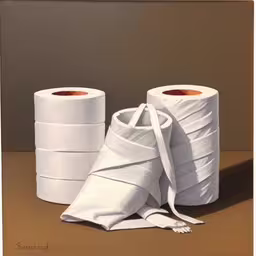 three rolls of paper are stacked on a table,white toilet rolls are next to each other,two rolls of paper with white ribbons on them,a couple of white rolls of toilet paper next to each other,a close up of many white roll of paper on a table