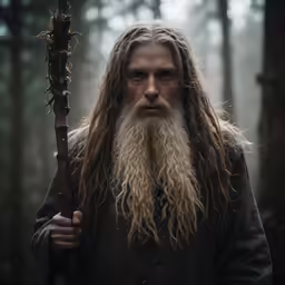 a man with long white hair and beard holds a stick