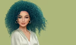 a woman with long green hair and large hoop earrings