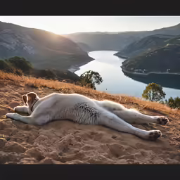 a white dog lying down on the ground