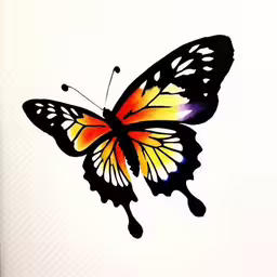 an image of a butterfly flying on the white surface,a colorful butterfly that is on top of a white wall,a butterfly that is sitting on a piece of paper,a drawing of a yellow and purple butterfly,a yellow butterfly flying through the sky on a white background