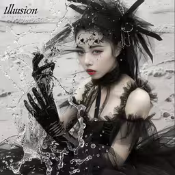 a girl with black gloves and dress in front of a body,the girl in black has water all over her face