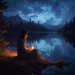 a woman sitting in front of a body of water