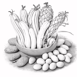 a drawing of some vegetables and some eggs