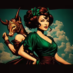 a woman wearing a green dress and a demon mask