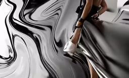 woman with heels leaning up against an abstract black and white background