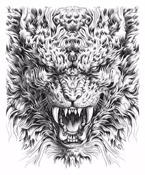 the head of an animal with large, ornate spikes,an ink drawing of a wolf
