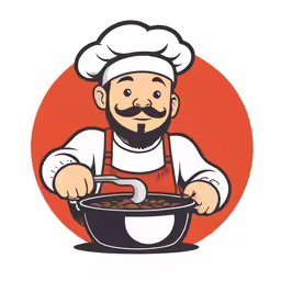a man wearing an apron and apron with a pan full of beans
