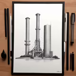 a drawing of some large grey and white smokestacks