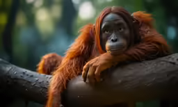 a red - headed oranguel leans on the tree branch