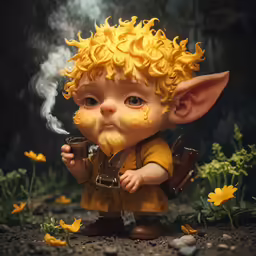 a statuette of a little girl with her head turned upside down drinking coffee