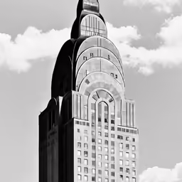 a high up view of the top of a building in black and white