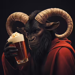 a horned, long - horned man holds a mug and stares at something